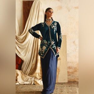 Embroidered Velvet Jacket and Satin Skirt Set